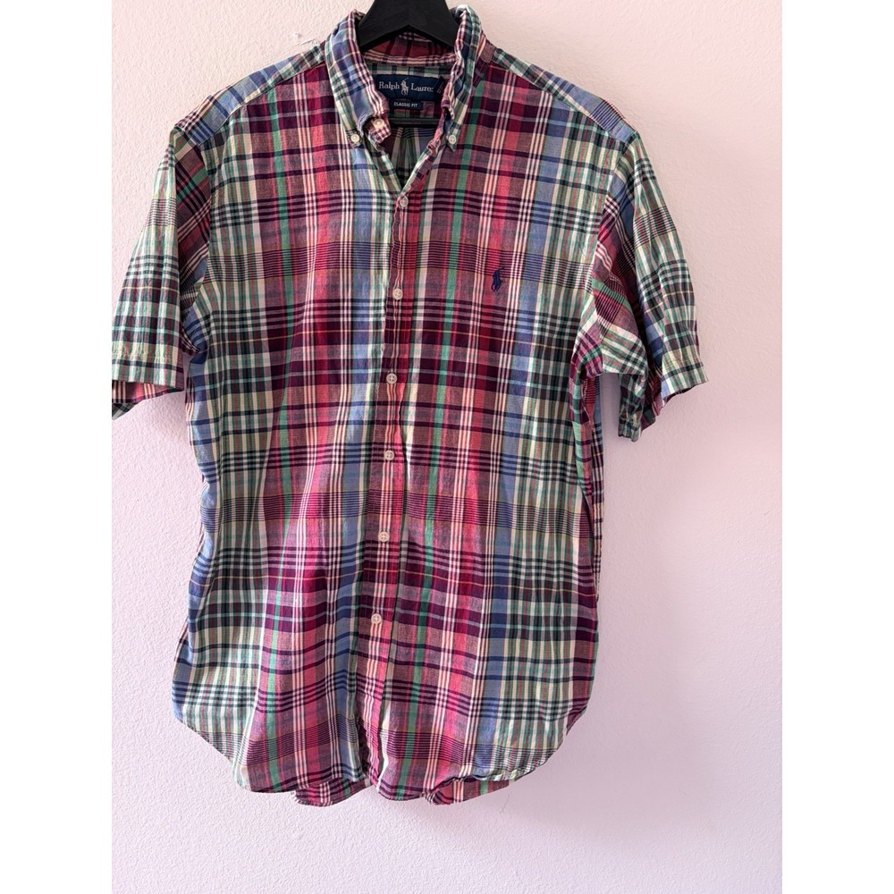 Ralph Lauren Mens Medium Short Sleeve Button Down Shirt Classic Fit Plaid Check